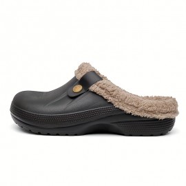 Cozy Waterproof House Slippers Anti-skid Slip-on Shoes Indoor For Men Winter Shoes Fuzz-lined Clogs